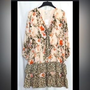 Cato Women’s Dress‎ leopard/floral print boho Large w/Tie and cut out in front